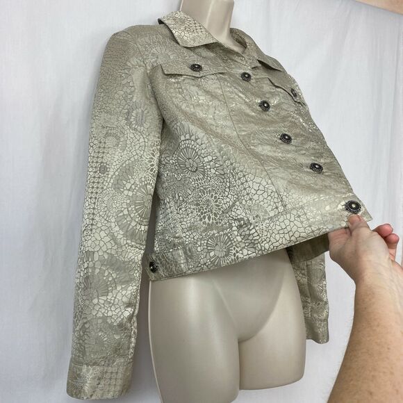 Chicos Jacket 1 Beige Animal Print Trucker Cropped Shiny Snake Skin Small - Picture 3 of 11